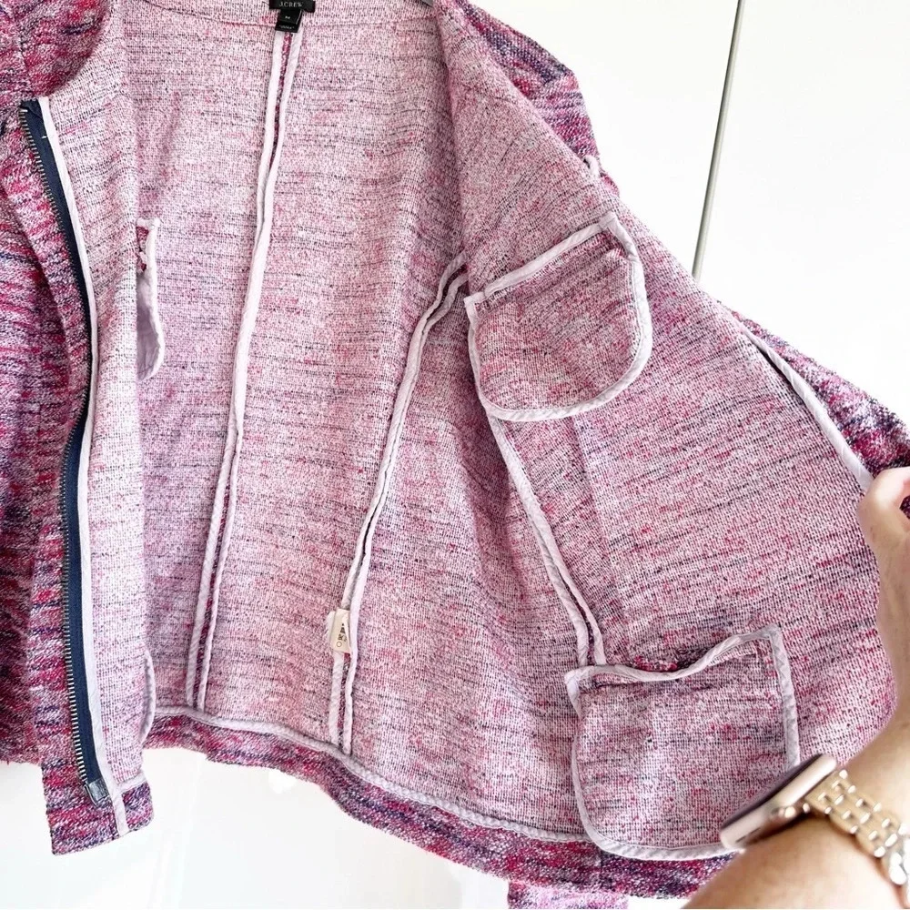 J. Crew Poppy Micro Tweed Jacket Size Medium Pink Purple Two Way Zip Pockets